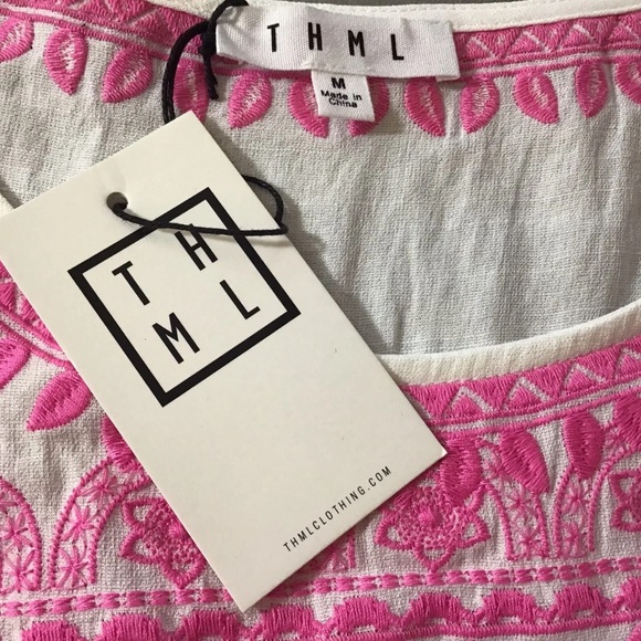 New w/tags THML Shirt Top Size Medium Bohemian Peasant Pink White Embroidered - Picture 2 of 5